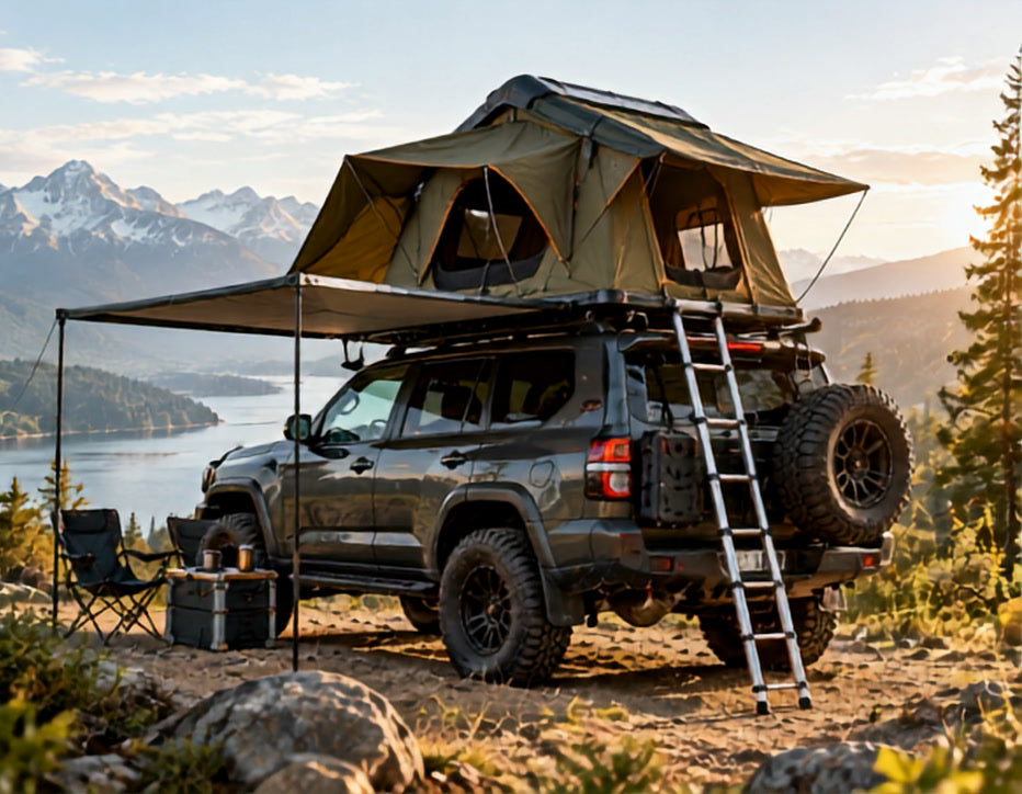 SUV with a rooftop tent and awning parked above a mountain lake